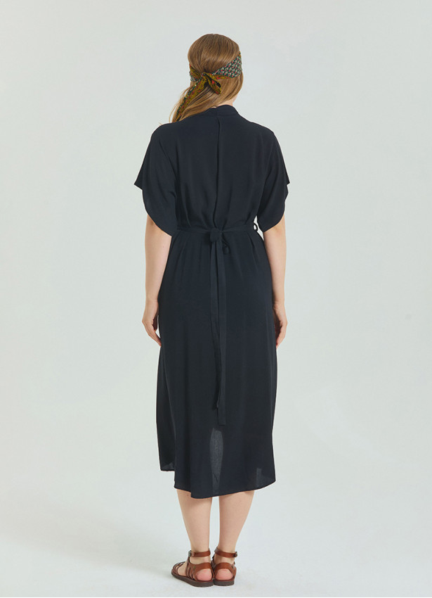 V Neck Pleated Detailed Black Casual Plus Size Dress 4606